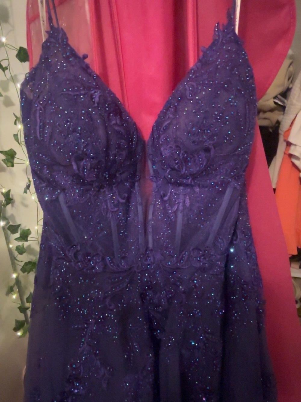 Sparkling Deep Purple Beaded Prom Gown with Spaghetti Straps